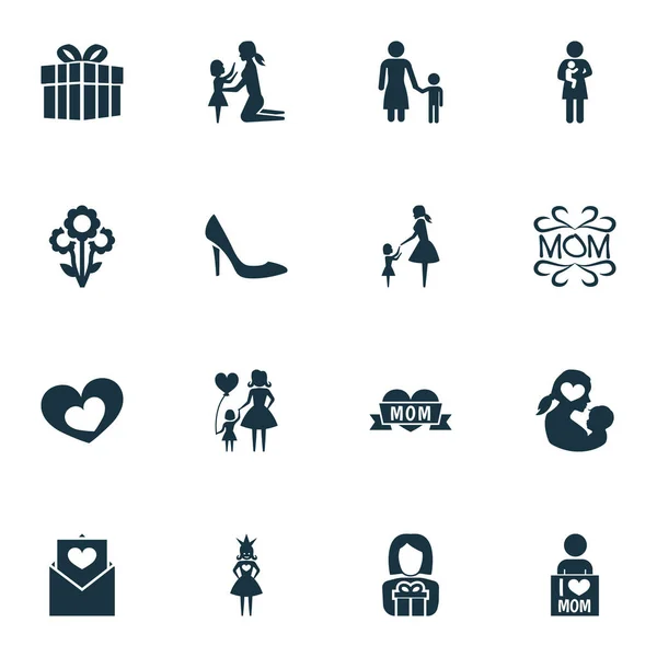 Mothers day icon design concept. Set di 16 elementi come presente, femminile e principessa. Bellissimi simboli per la madre, l'amore e il cuore . — Foto Stock