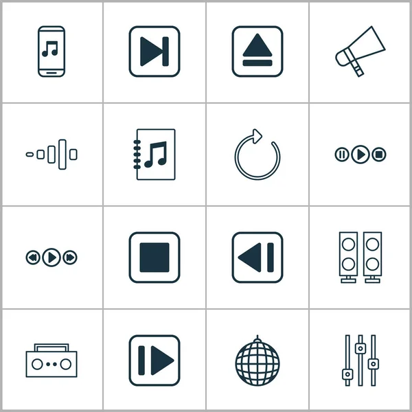 Icone musicali impostate con aggiornamento, equalizzatore, musica precedente e altri elementi della lista melodie. Isolato vettoriale illustrazione icone musicali . — Vettoriale Stock