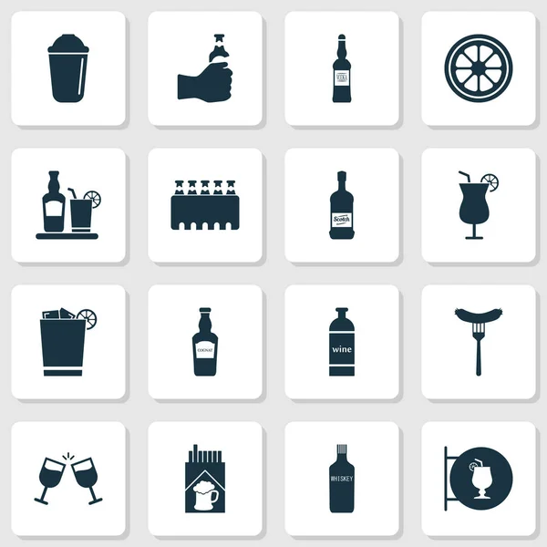 Conjunto de iconos de alcohol con limón, salchichas, cócteles y otros elementos de whisky. Iconos de alcohol de ilustración vectorial aislado . — Vector de stock