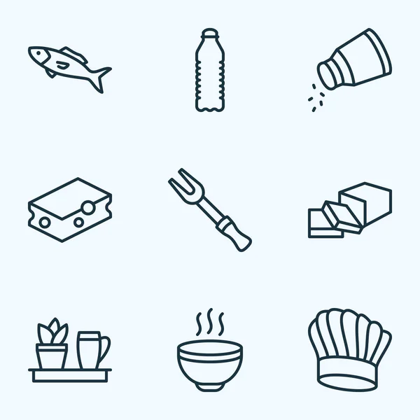 Conjunto de iconos de cocina estilo línea con mantequilla, tenedor para barbacoa, sal y otros elementos de pimienta. Iconos de cocina de ilustración vectorial aislado . — Vector de stock