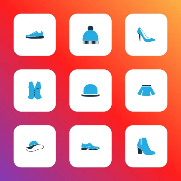 Oblečení ikony barevné sada s podpatky, boty, čmuchání a další prvky, vesty. Izolované vektorové ilustrace oblečení ikony. — Stockový vektor