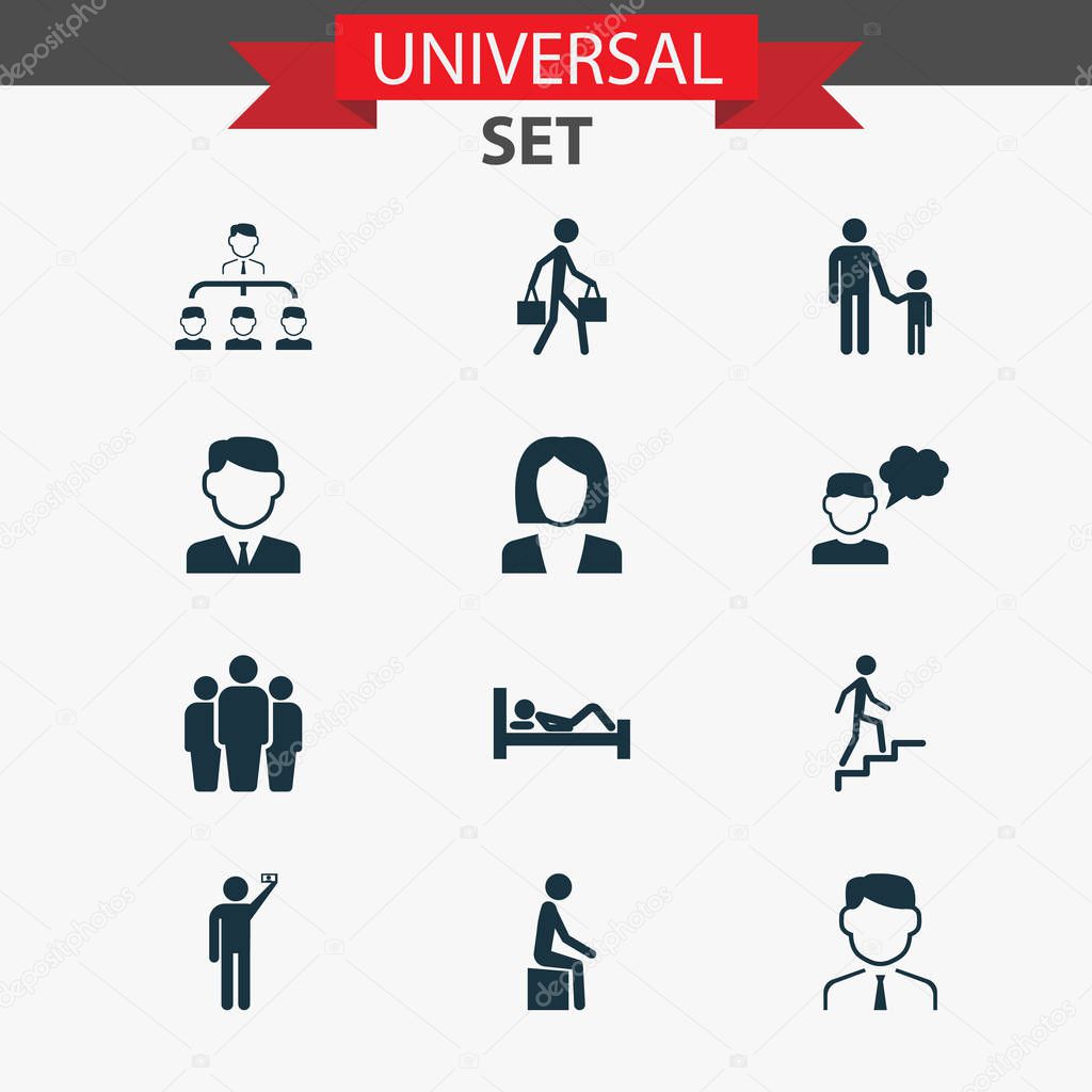 Person icons set with subordination, sleeping, doing selfie and other bedtime elements. Isolated vector illustration person icons.