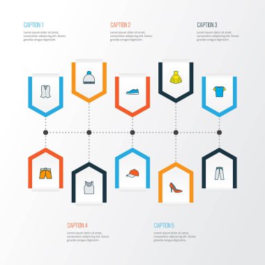 Simgeler renkli çizgi lastikbotlar, pantolon, yelek ve diğer beanie öğeleri ile ayarla elbise. İzole illüstrasyon elbise simgeler.