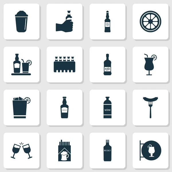 Conjunto de iconos de bebidas con limón, salchichas, cócteles y otros elementos de whisky. Iconos de bebidas de ilustración aislada . —  Fotos de Stock