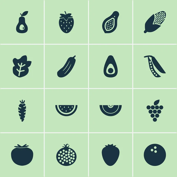 Conjunto de iconos alimentarios con guacamole, fresa, maíz y otros elementos pepinos. Iconos de alimentos ilustración aislada . —  Fotos de Stock
