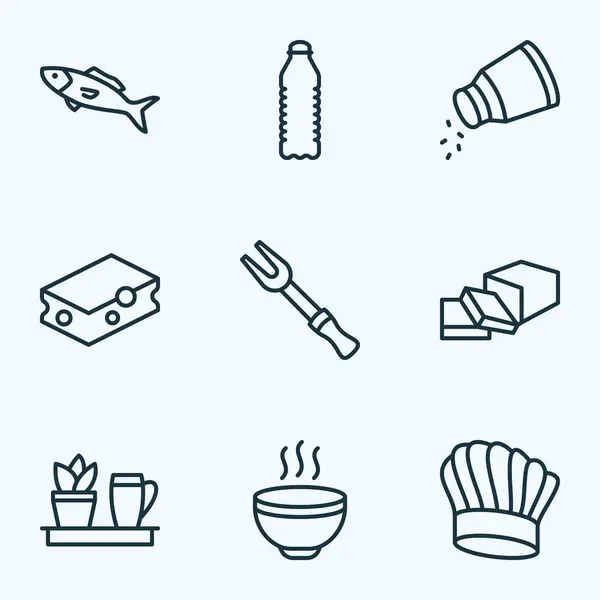 Conjunto de iconos de cocina estilo línea con mantequilla, tenedor para barbacoa, sal y otros elementos de pimienta. Iconos de cocina ilustración aislada . —  Fotos de Stock
