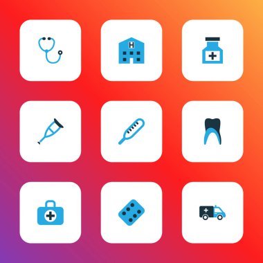 Antibiyotik simgeler kümesi çare, ambulans, bina ve diğer tedavi öğeleri ile renkli. İzole vektör çizim antibiyotik simgeler.