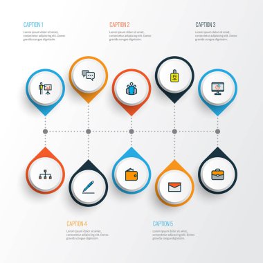 İş simgeleri renkli çizgi tanıtımı, e-posta, nakit ve diğer pasta grafiği ile öğeleri ayarlayın. İzole vektör illüstrasyon iş ikonları/simgeleri.
