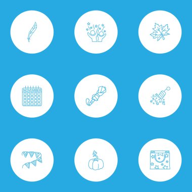 Simge stil kümesi kağıt garland, hediye kağıt torba, tüy ışıltı öğeleri ile satır. İzole vektör çizim simgeler.