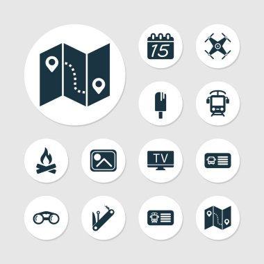 Otobüs bileti, takvim, fotoğraf ve diğer rehber öğeleri ile yolculuk Icons set. İzole vektör çizim yolculuk simgeler.