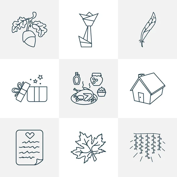 Style ligne d'icônes de Thanksgiving avec origami, guirlande légère, éléments de panache de glands. Illustration vectorielle isolée icônes d'action de grâce . — Image vectorielle