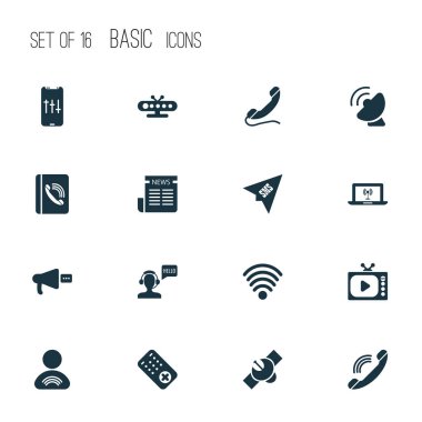 Erkek operatör, iletişim konsol, tv kutusu ve diğer internet elemanları tebrik ile telekomünikasyon Icons set. İzole illüstrasyon telekomünikasyon simgeler.