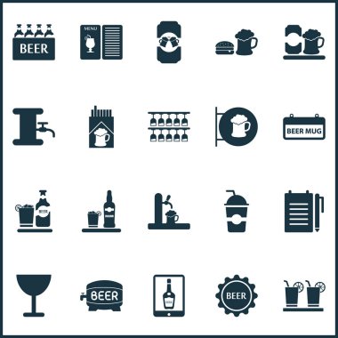 Bira Kulesi ile içecekler Icons set, bardağı, tabela ve diğer bira öğeleri olabilir. İllüstrasyon izole içecekler simgeler.