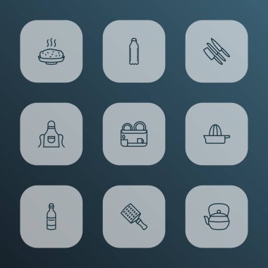 Mutfak simgeler stil bıçak takımı, Çaydanlık, bulaşık kurutma makinesi ve diğer rendemi öğeleri kümesi satır. İzole illüstrasyon mutfak simgeler.