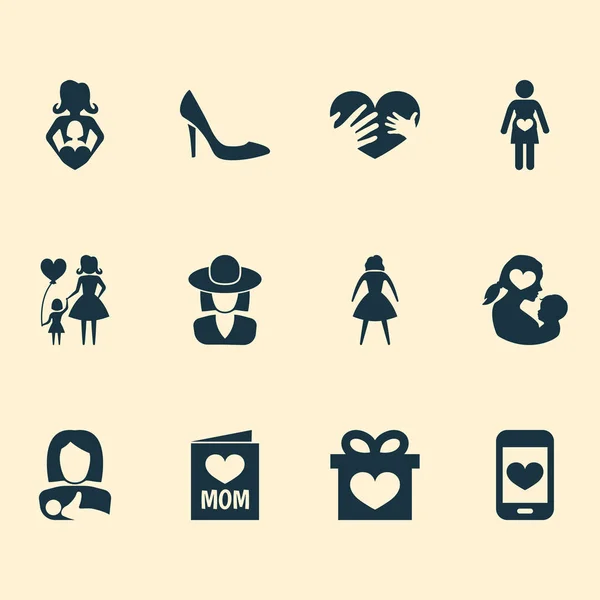 Matek dzień ikona koncepcja. Zestaw 12 takich elementów jak kochający, dar i kobieta. Piękne symbole dla serca, kobiety i matki. — Zdjęcie stockowe