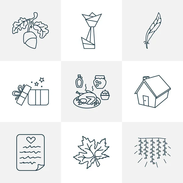 Festival icons line style set with origami, light garland, acorn plume elements. Isolated  illustration festival icons. — Stock Photo, Image