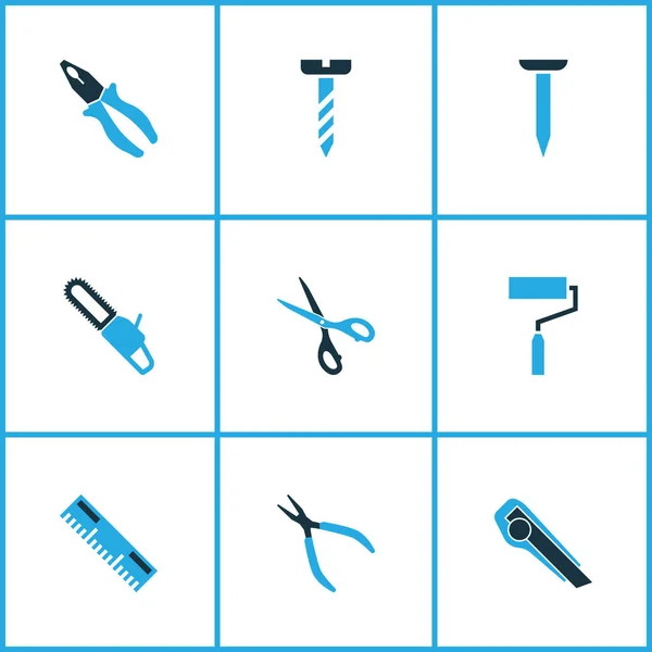 Tools icons colored set with roller brush, bolt, chainsaw and other round pliers elements. Isolated  illustration tools icons.