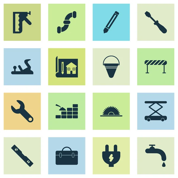 Branchensymbole mit Bauzug, Sägewerk, Stauwehr und anderen Armaturenelementen. Ikonen der Illustrationsbranche. — Stockfoto