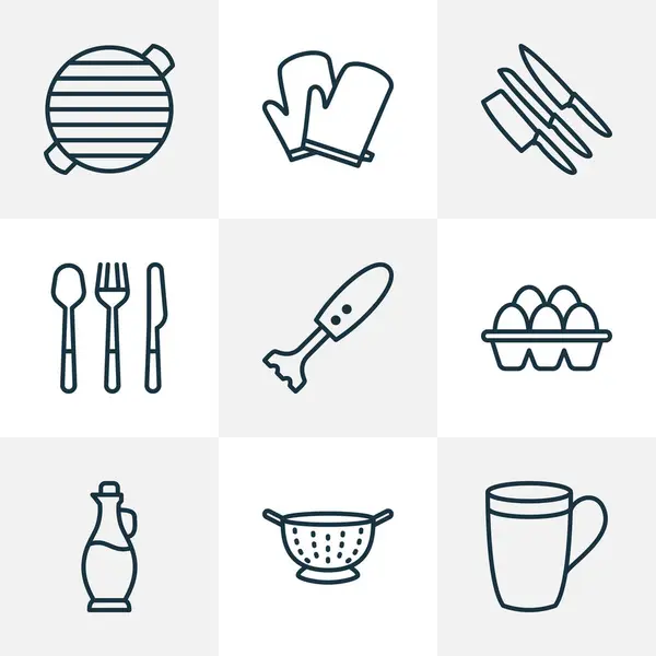 Кулинарный линейный набор с кружкой, набором ножей, вилкой-ложкой и другими элементами еды. Изолированные иллюстрации кулинарных икон . — стоковое фото
