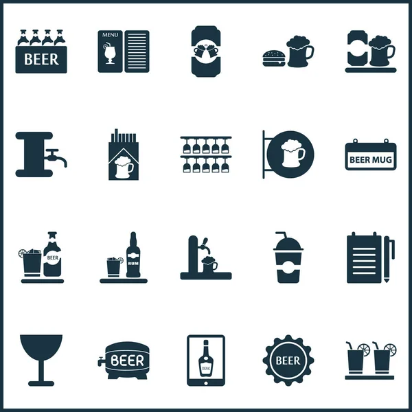 Boissons icônes ensemble avec tour de bière, verre à vin, enseigne et autres éléments de canette de bière. Isolé illustrations boissons icônes . — Photo