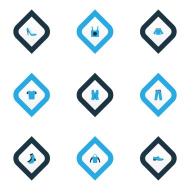 Yelek, Ayakkabı, bot ve diğer çorap öğeleri kümesiyle simgeler renkli elbise. İzole vektör çizim elbise simgeler.