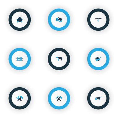 İnşaat simgeler çit, aletleri, balta ile kazma ve diğer el arabası öğeleri ile set renkli. İzole vektör illüstrasyon inşaat simgeler.