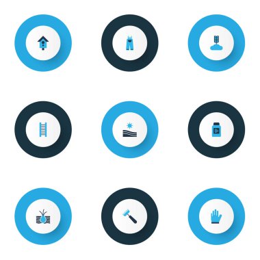 Bahçe simgeler kümesi dirgen, merdiven, iç içe geçmiş kutusu ve diğer kırsal öğeleri ile renkli. İzole vektör çizim Bahçe simgeler.