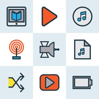 Yayın ile enerji, Ayarla satır renkli multimedya simgeler karışık ve diğer öğeleri rasgele. İzole vektör çizim multimedya simgeler.