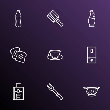 Gastronomi simgeler stil çay bardağı, derin dondurucu, tost ekmek ve diğer rendemi öğeleri kümesi satır. İzole vektör çizim gastronomi simgeler.
