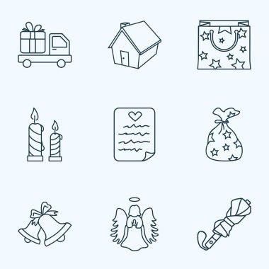 Festival simgeler stil çan, hediye kağıt torba, melek ve diğer ev öğeleri kümesi satır. İzole vektör çizim festival simgeler.