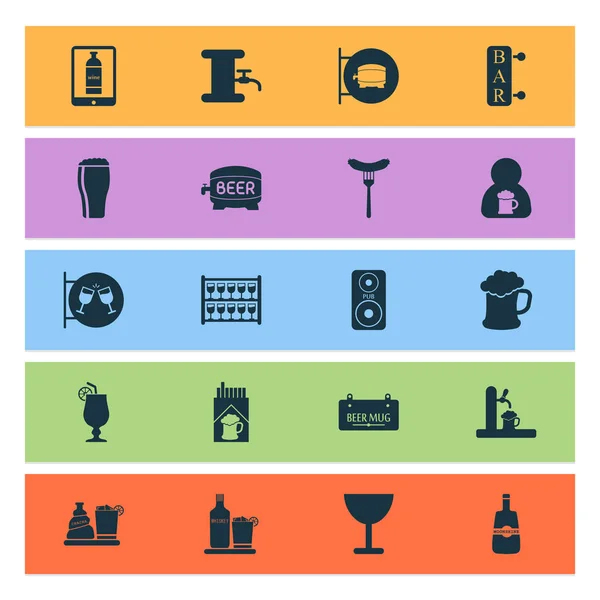 Conjunto de iconos de bebidas con bar, taberna, grifo y otro whisky con elementos de hielo. Iconos de bebidas de ilustración vectorial aislado . — Archivo Imágenes Vectoriales