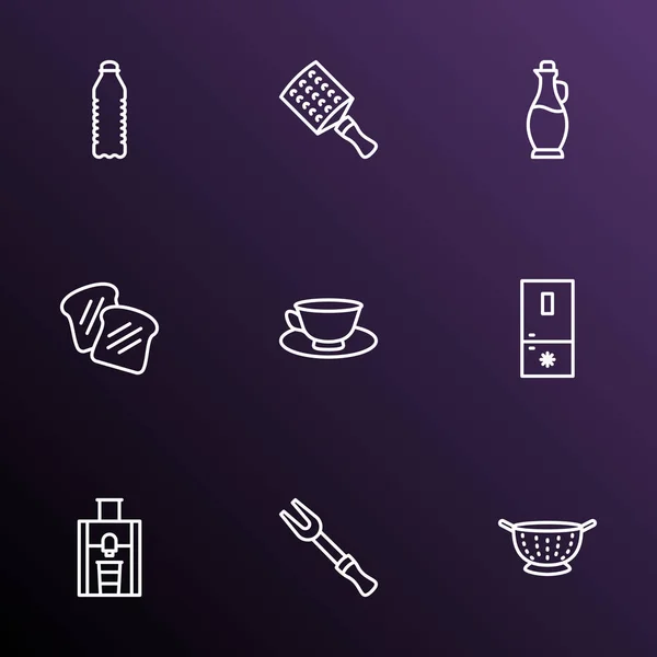 Conjunto de iconos de la gastronomía estilo línea con taza de té, congelador, pan tostado y otros elementos del zester. Iconos de gastronomía de ilustración vectorial aislada . — Vector de stock