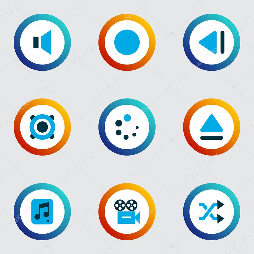 Multimedia icons colored set with eject, shuffle, slow backward and other amplifier elements. Isolated vector illustration multimedia icons.