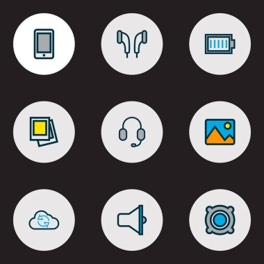 Medya simgeleri renkli çizgi Galerisi, hoparlör, ücret ve diğer albüm öğeleri ile ayarla. İzole illüstrasyon medya simgeler.