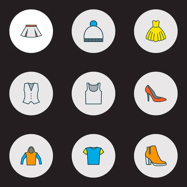 Abito icone linea colorata set con mini, tacchi, camicetta e altri elementi berretto. Isolate icone del vestito illustrazione . — Foto Stock