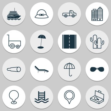 Turizm simgeler yaz şapka, motorlu gemi, kaktüs ve diğer Büyüteç gözlük öğeleri ile ayarlayın. İzole vektör çizim Turizm simgeler.