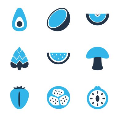 Sebze simgeler berry, domates dilimi, kiwano ve diğer lezzetli öğeleri kümesi renkte. İzole vektör çizim sebze simgeler.