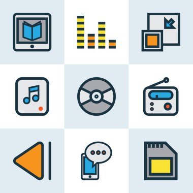 Çoklu ortam ile Ayarla satır renkli müzik simgeleri ses mikseri, cep telefonu ve diğer tarayıcı öğeleri. İzole vektör illüstrasyon müzik simgeleri.