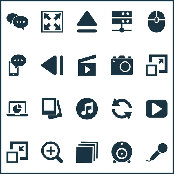 Conjunto de iconos de medios con comentario, cámara web, monitor y otros elementos anteriores. Iconos de medios de ilustración vectorial aislado . — Vector de stock