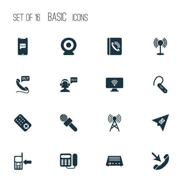 Иконки связи с радио, телефонной книгой, компьютерным Wi-Fi и другими входящими элементами. Изолированные векторные иконки телекоммуникаций
.