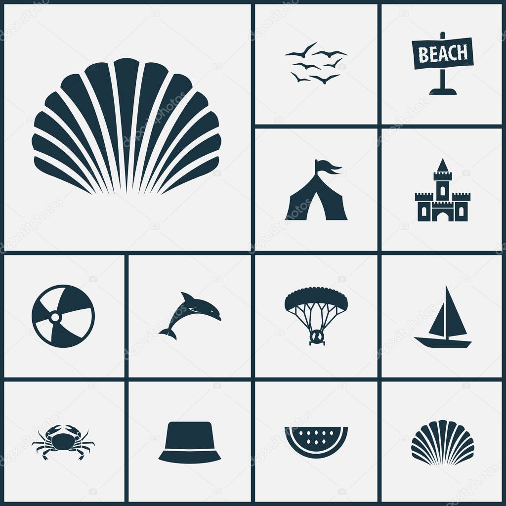 Summer icons set with crab, paraplane, sand castle mammal elements. Isolated vector illustration summer icons.