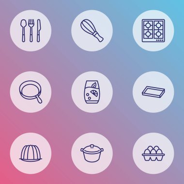 Çizgi stili simgeler yemek yumurta, limonata, çırpma teli ve diğer fırın öğeleri ile ayarlayın. Simgeler pişirme izole vektör çizim.