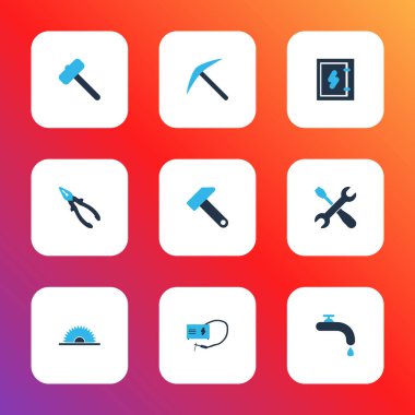 Endüstriyel simgeler pense, kaynak, su vinç ve diğer ekipman öğeler kümesiyle renkte. İzole vektör çizim endüstriyel simgeler.