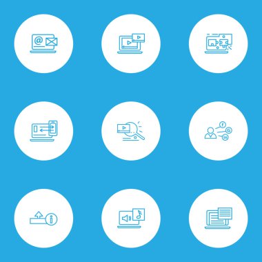 Optimizasyonu simgelerin stil upload, duyarlı tasarım, video içeriği ve diğer müzik öğeleri kümesi satır. İzole vektör çizim optimizasyonu simgeler.