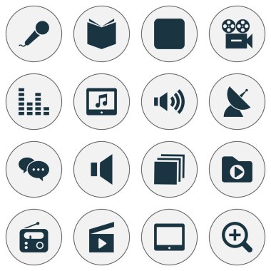 Uygulama ile Multimedia Icons set, sessiz, yorum ve diğer sinema öğeleri alkış. İzole vektör çizim multimedya simgeler.