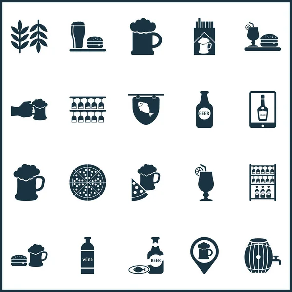 Conjunto de iconos de alcohol con botella de cerveza, tableta, cerveza con pescado y otros elementos de la cena. Iconos de alcohol de ilustración vectorial aislado . — Archivo Imágenes Vectoriales