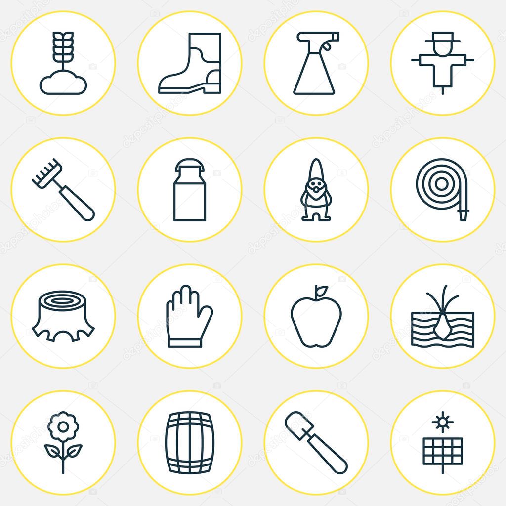Garden icons set with garden gloves, wheat, apple and other bloom elements. Isolated vector illustration garden icons.