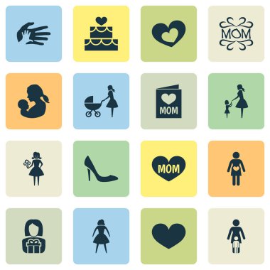 Anneler günü simgesi tasarım konsepti. Çiçekler, romantik ve kadın 16 gibi öğeleri kümesi. Kalp, anne ve kadın için güzel sembolleri.