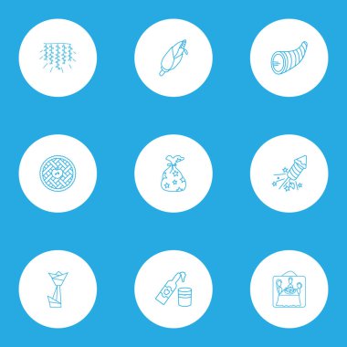 Kutlama simgeler stil kümesi Şükran fotoğraf, Hediyelik çuval, ışık garland tart öğeleri satır. İzole vektör illüstrasyon kutlama simgeler.