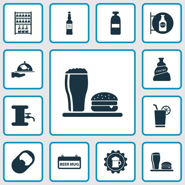 Алкогольные иконы с бутылкой рома, значком, водкой и другими элементами пивной наклейки. Изолированные векторные иконки алкоголя . — стоковый вектор